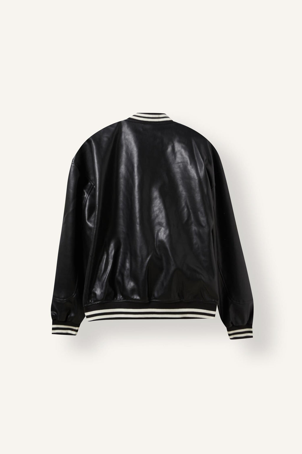 Oversize College Collar Bomber Embroidery Detailed Zippered Faux Leather Inner Pocket Coat