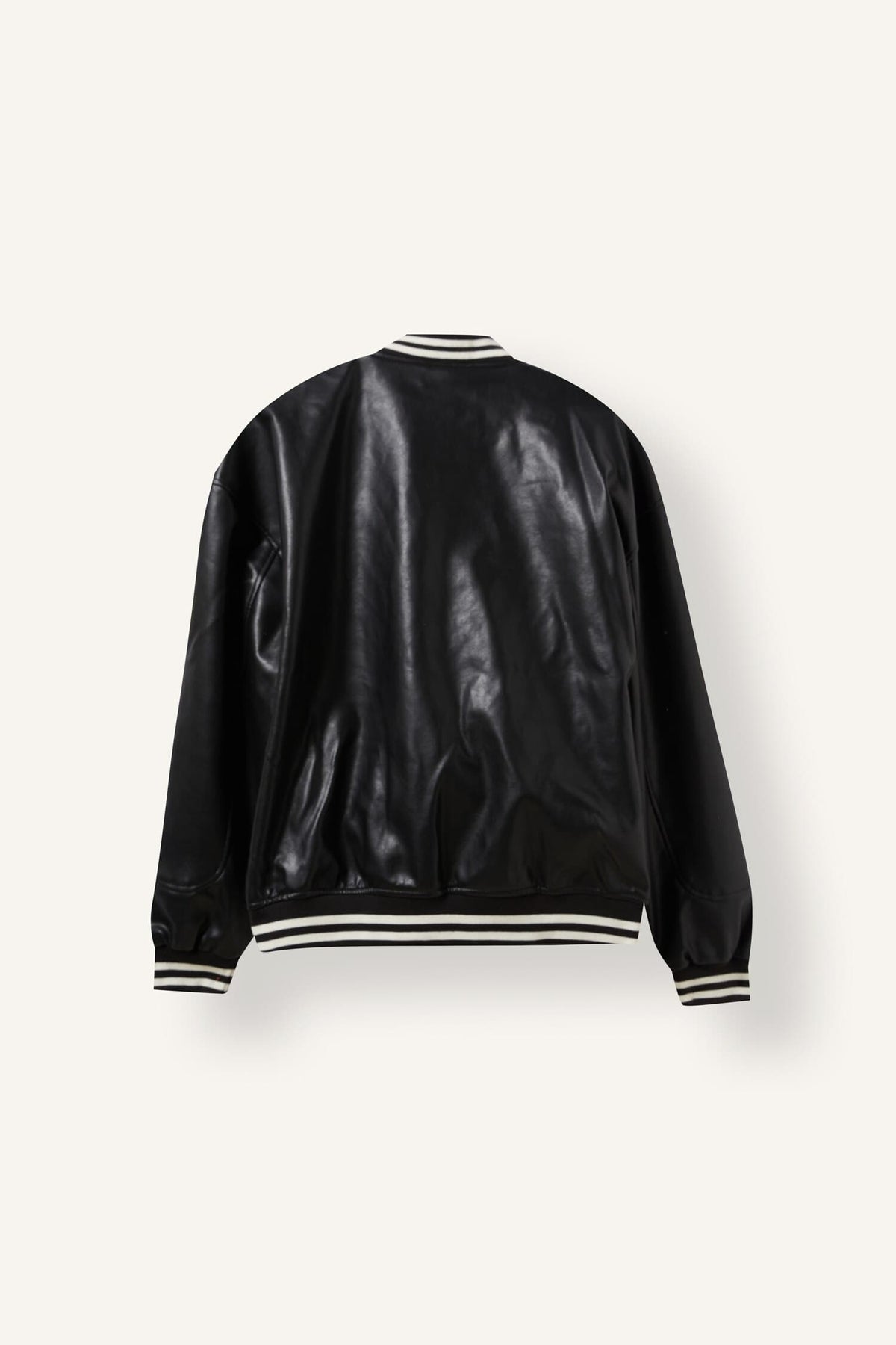 Oversize College Collar Bomber Embroidery Detailed Zippered Faux Leather Inner Pocket Coat