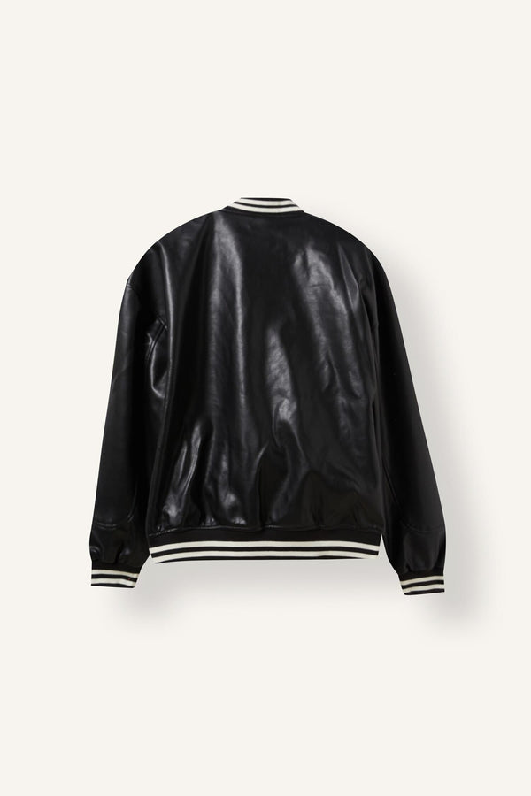 Oversize College Collar Bomber Embroidery Detailed Zippered Faux Leather Inner Pocket Coat
