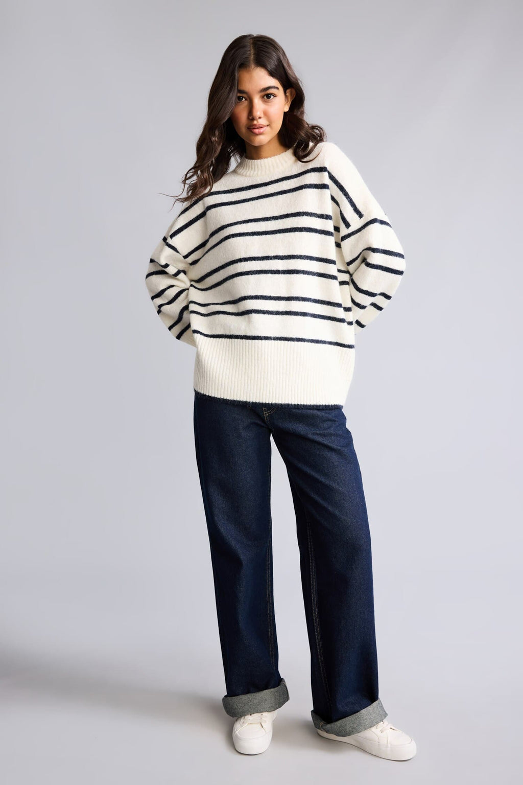 Oversize Half Turtleneck Off-Shoulder Striped Knitwear Sweater