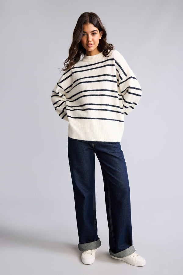 Oversize Half Turtleneck Off-Shoulder Striped Knitwear Sweater