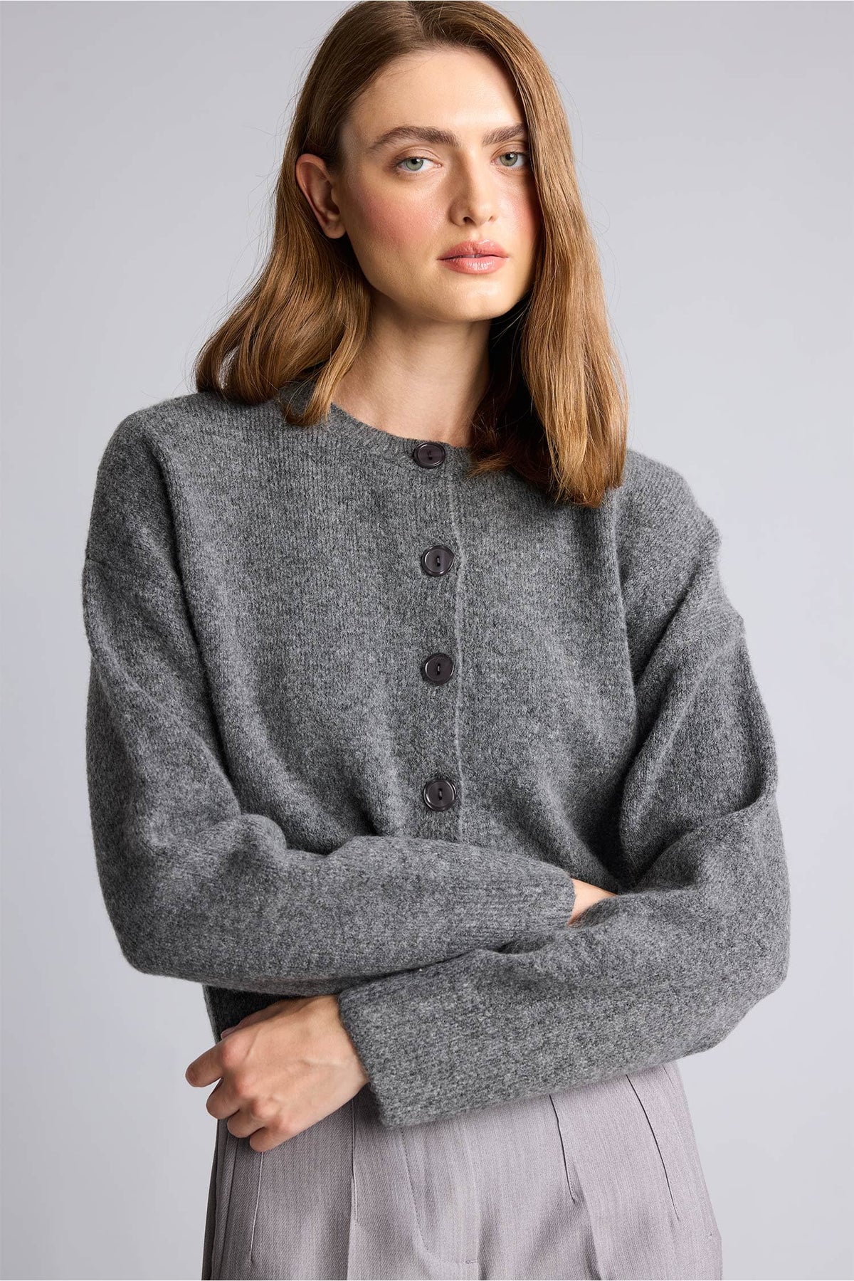 Regular Crew Neck Buttoned Long Sleeve Cardigan
