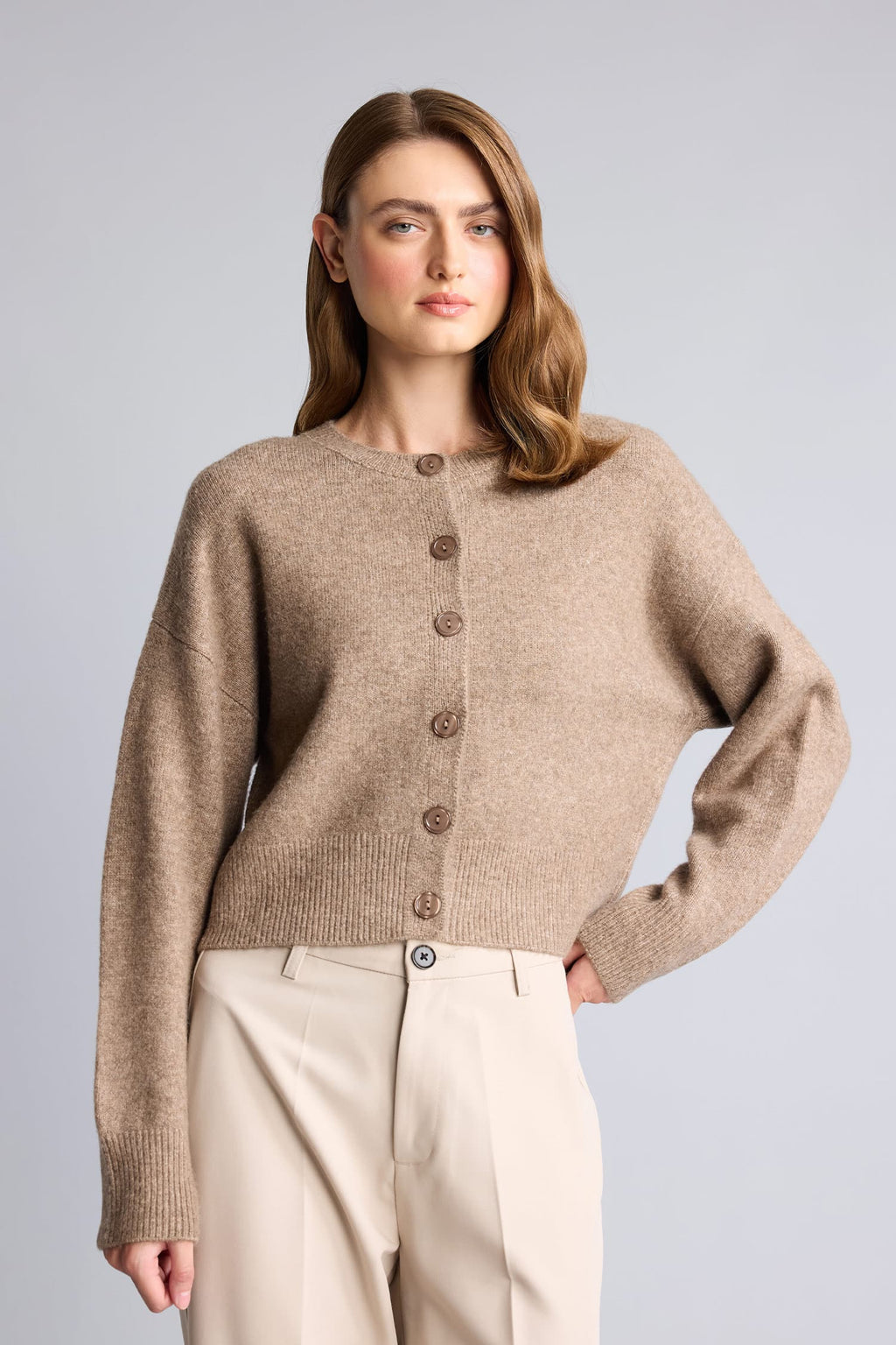 Regular Crew Neck Buttoned Long Sleeve Cardigan