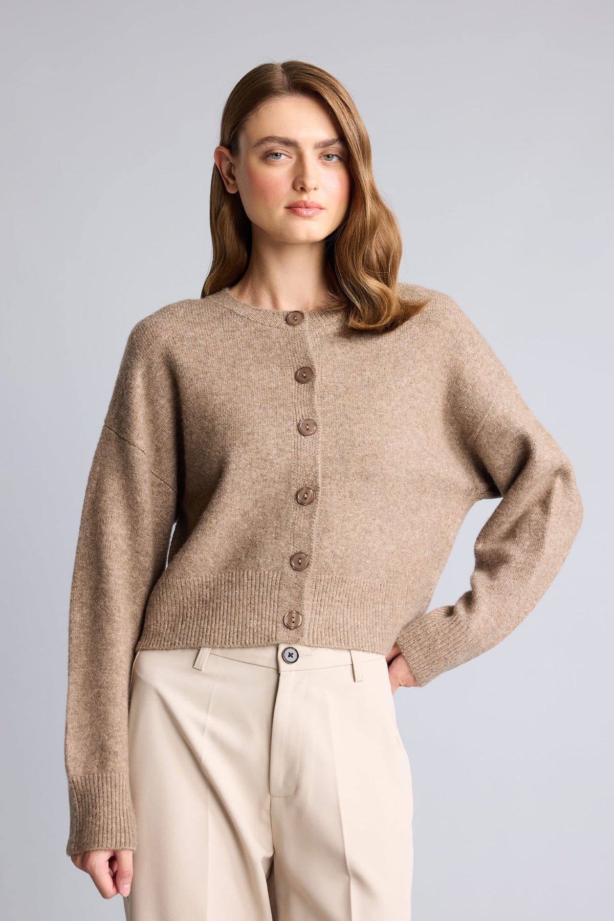 Regular Crew Neck Buttoned Long Sleeve Cardigan