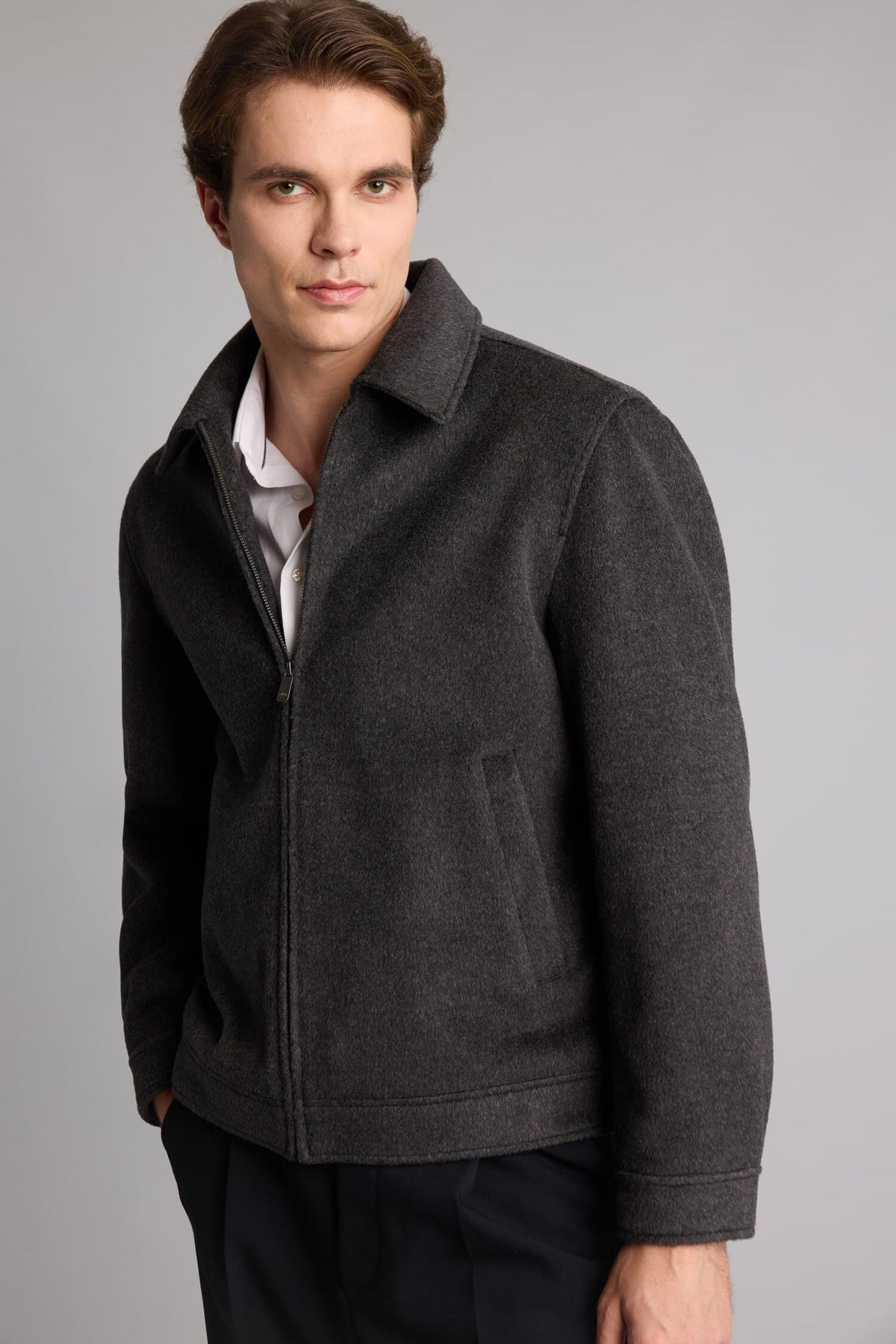 Regular Fit Polo Collar Lined Zippered Cachet Coat
