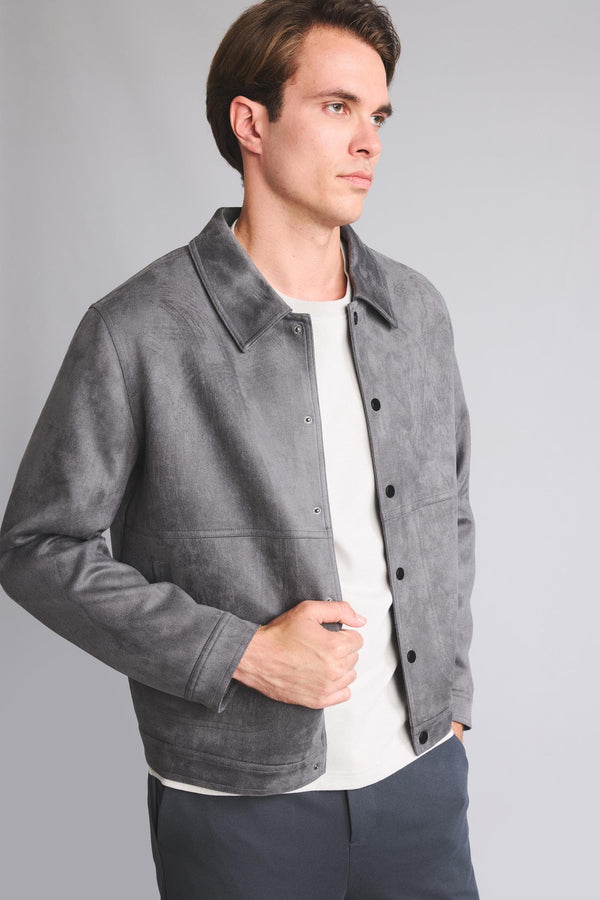 Regular Fit Polo Collar Snap Stitching Detailed Suede Coat