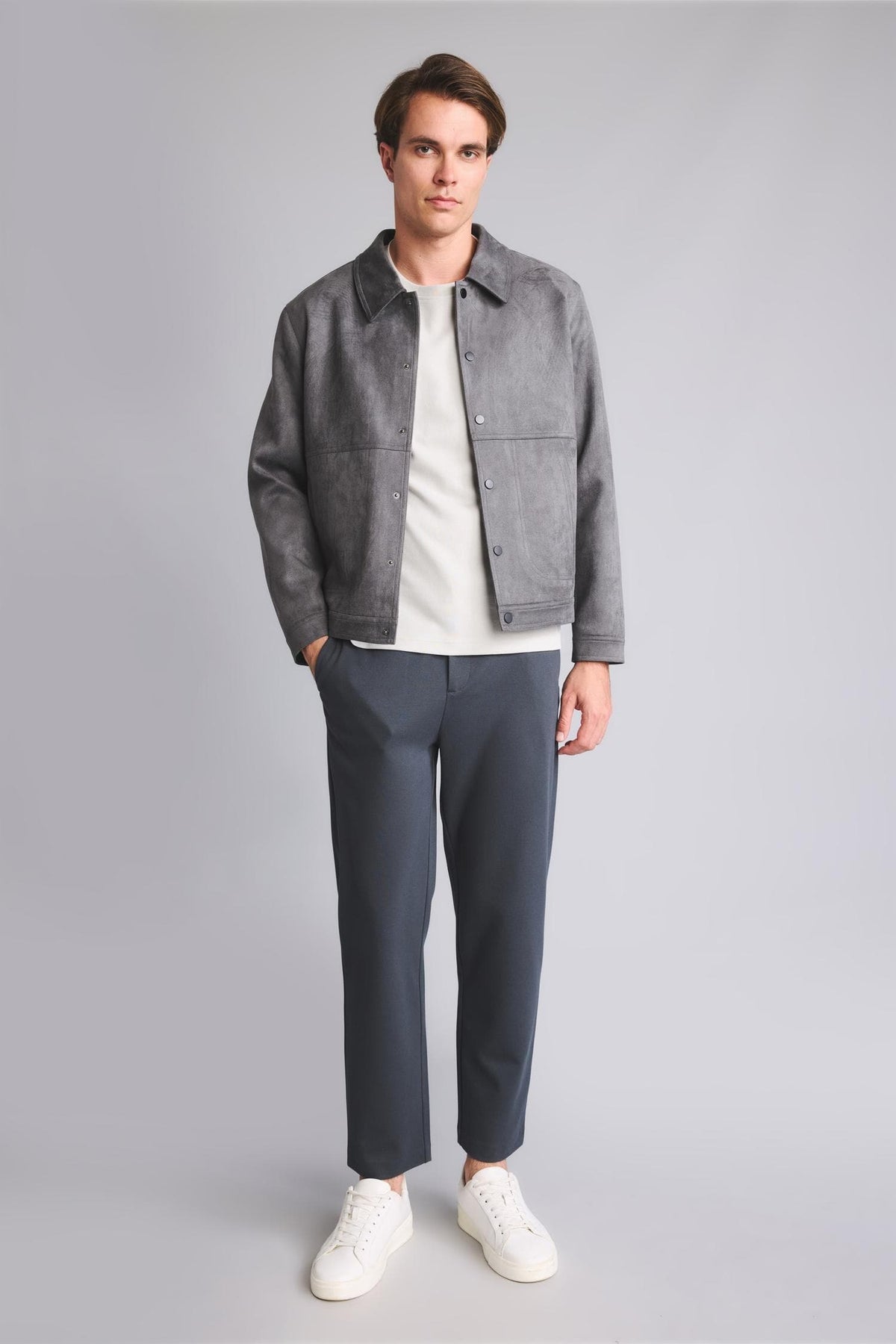 Regular Fit Polo Collar Snap Stitching Detailed Suede Coat