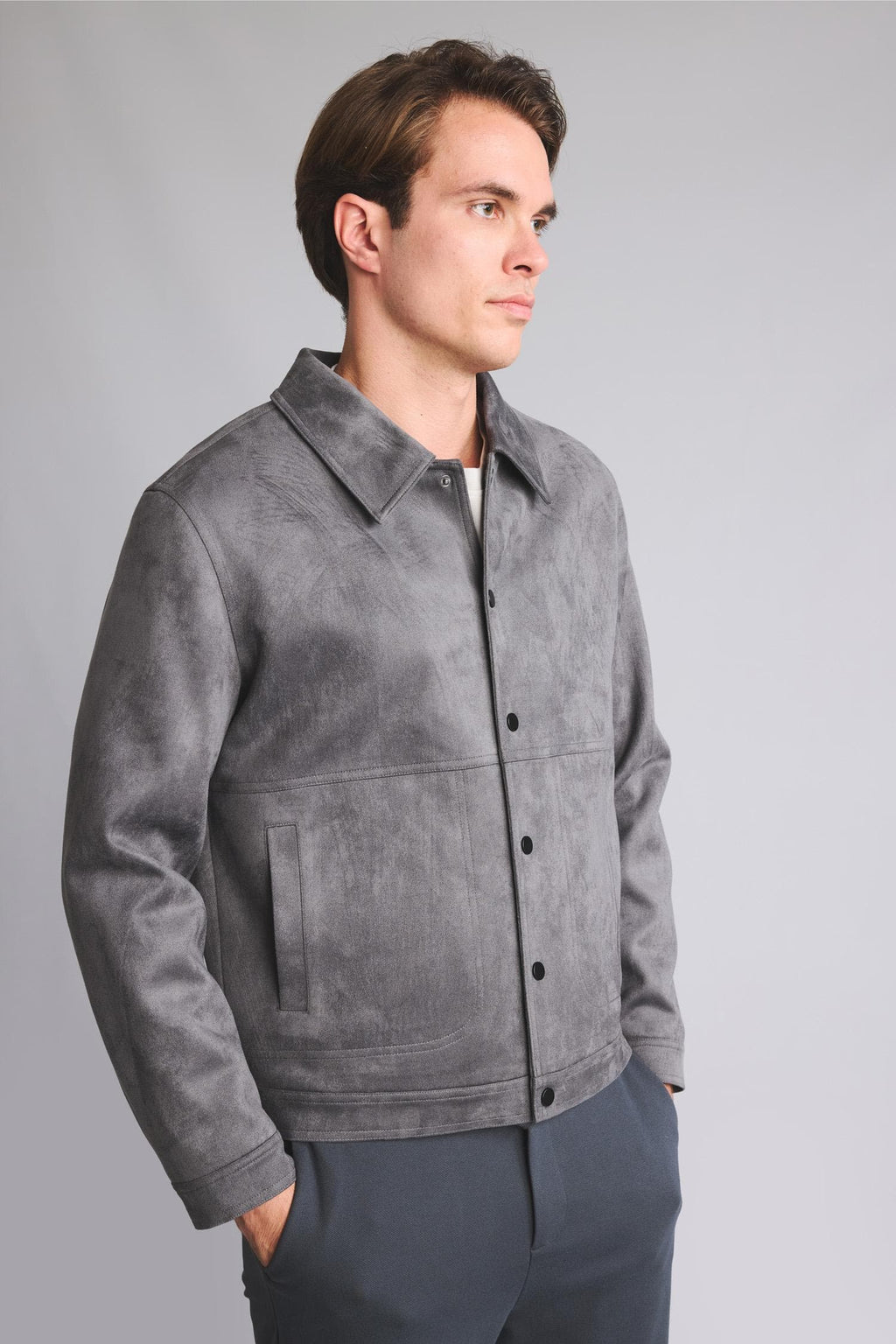 Regular Fit Polo Collar Snap Stitching Detailed Suede Coat
