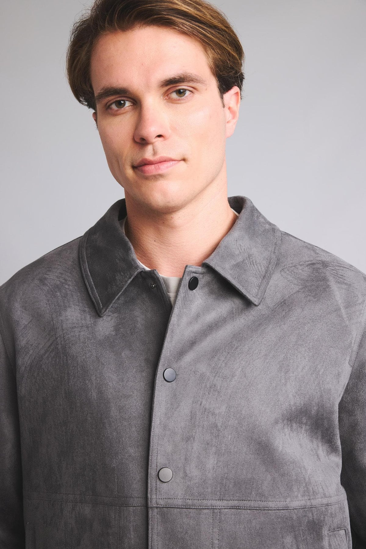 Regular Fit Polo Collar Snap Stitching Detailed Suede Coat