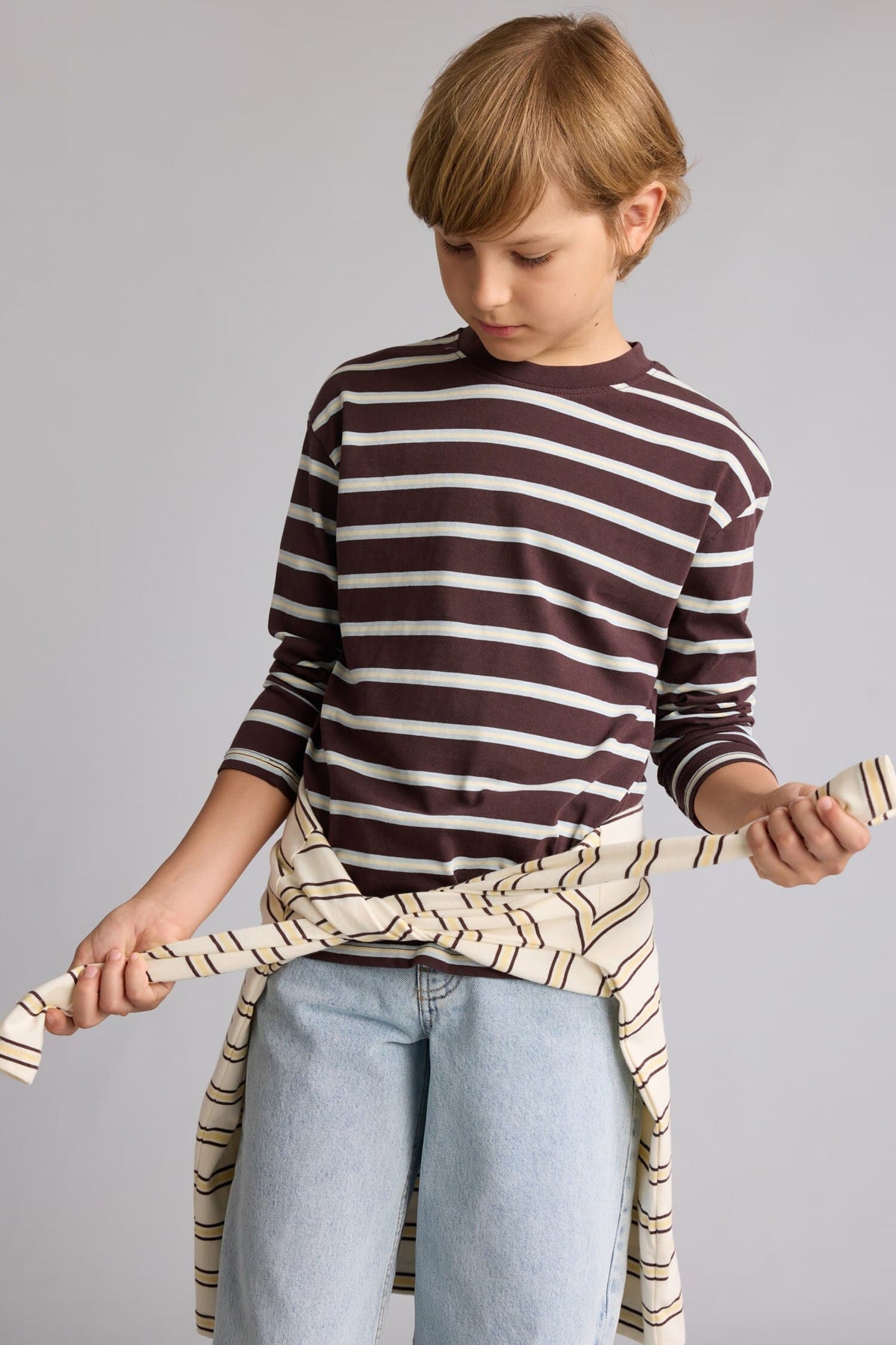 100% Cotton Overless Striped Crew Neck Long Sleeve T-Shirt Boy
