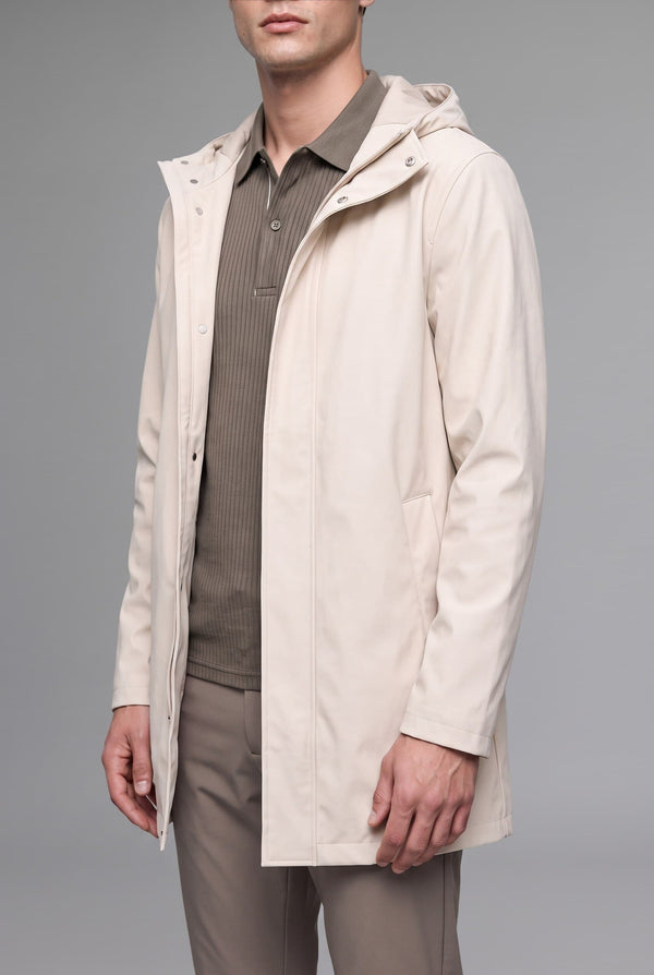 Regular Fit Waterproof Hooded Lined Faux Leather Parka with Snap Fasteners