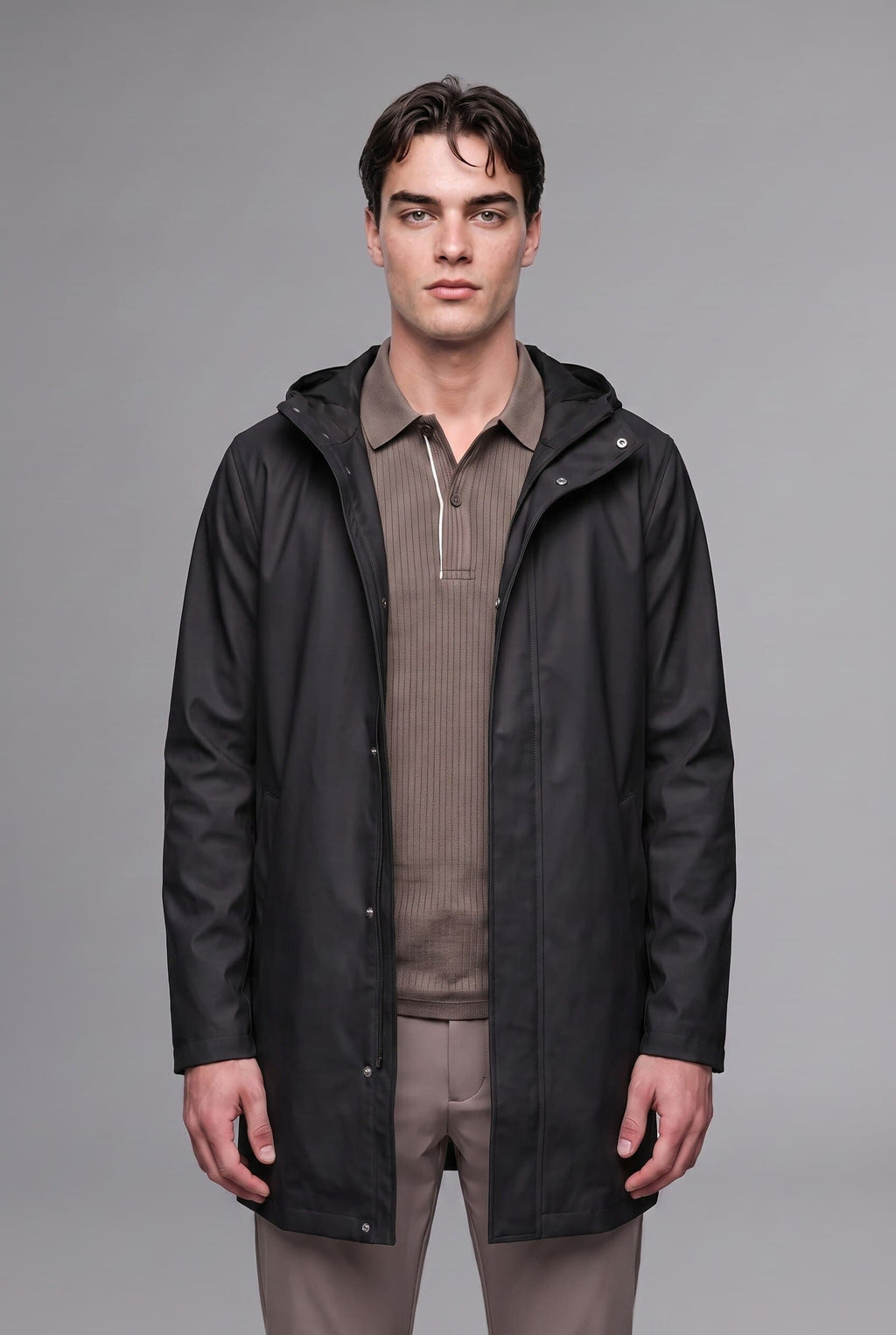 Regular Fit Waterproof Hooded Lined Faux Leather Parka with Snap Fasteners