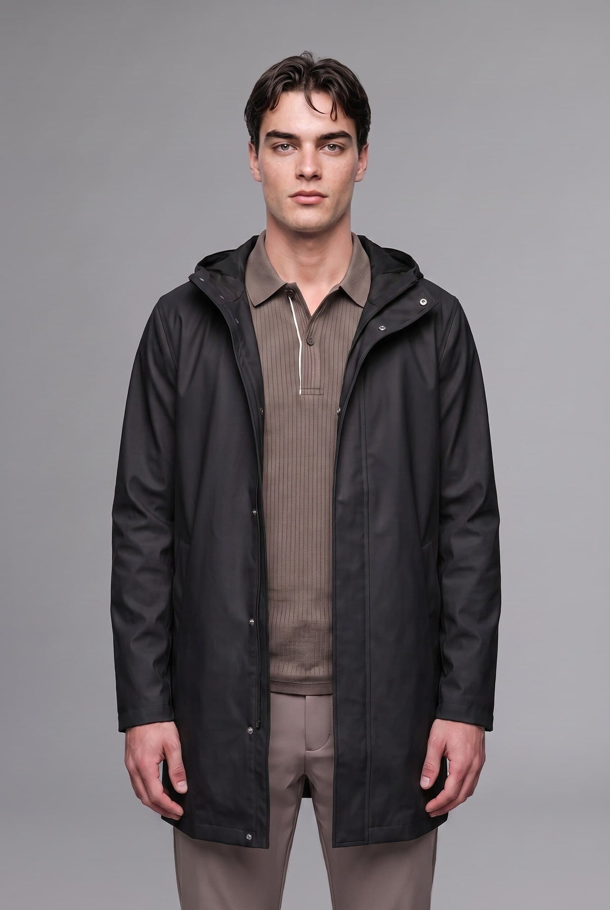 Regular Fit Waterproof Hooded Lined Faux Leather Parka with Snap Fasteners