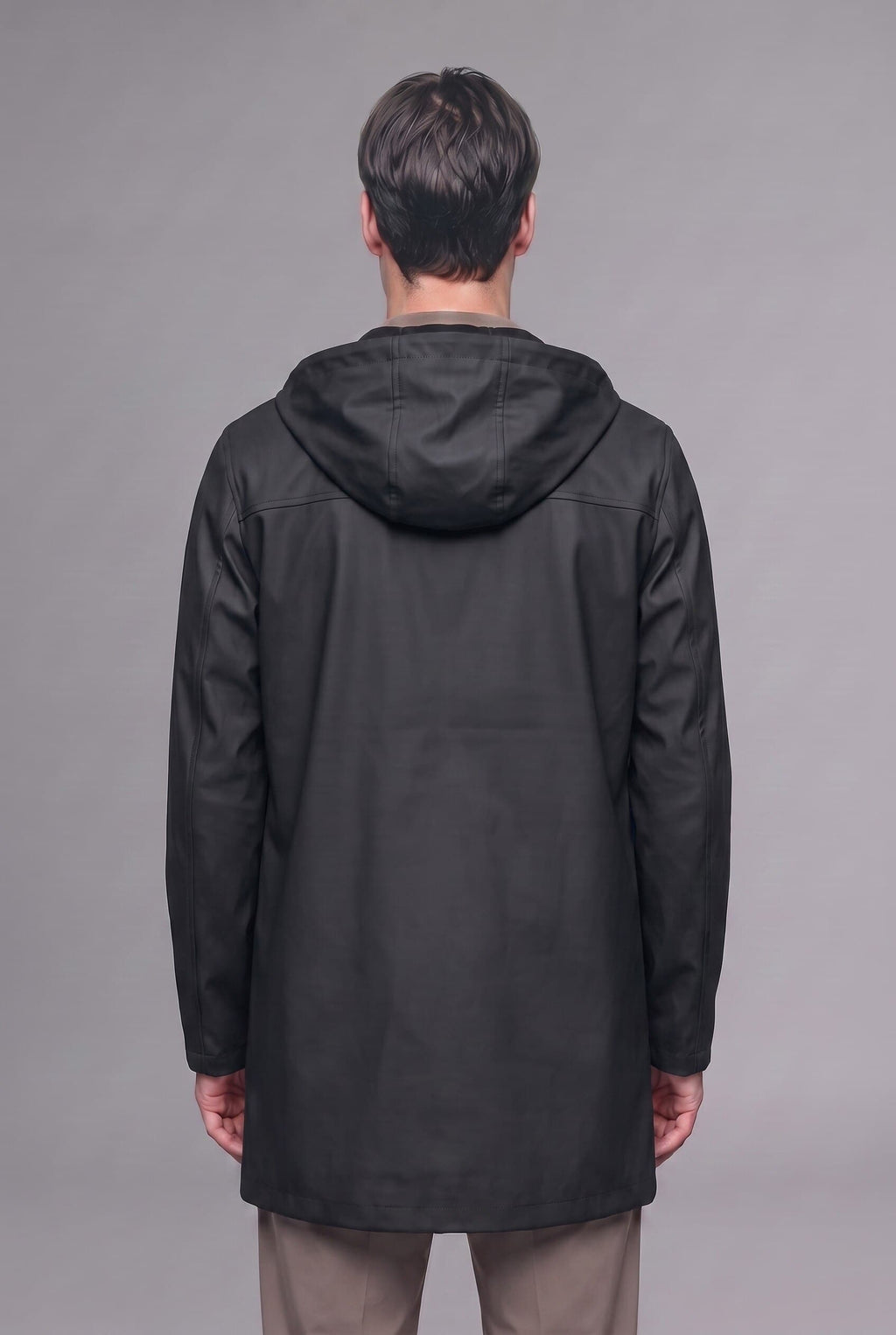 Regular Fit Waterproof Hooded Lined Faux Leather Parka with Snap Fasteners