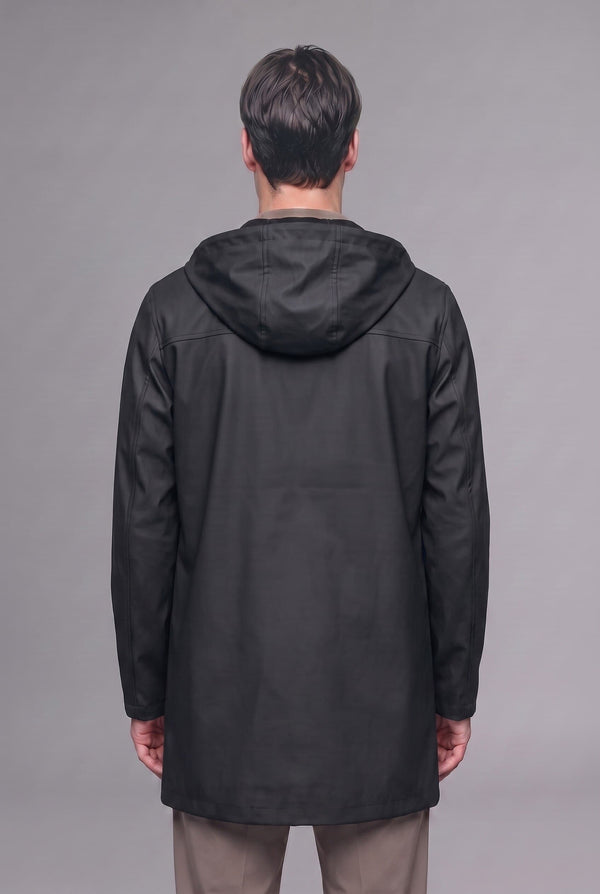 Regular Fit Waterproof Hooded Lined Faux Leather Parka with Snap Fasteners