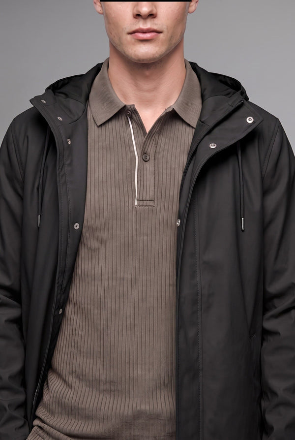 Regular Fit Waterproof Hooded Lined Faux Leather Parka with Snap Fasteners
