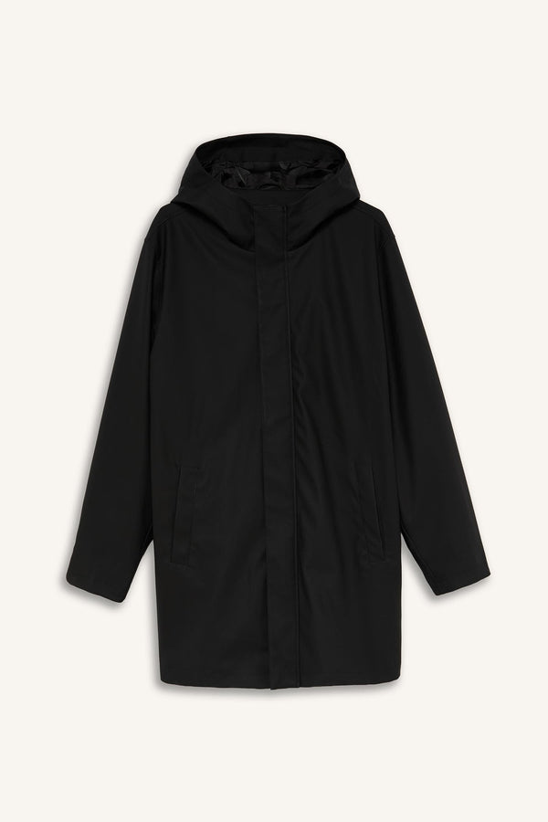 Regular Fit Waterproof Hooded Lined Faux Leather Parka with Snap Fasteners