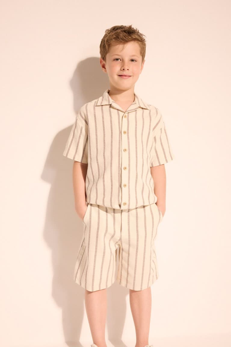 100% Cotton Regular Fit Apaş Collar Striped Short Sleeve Shirt for Boys Main image