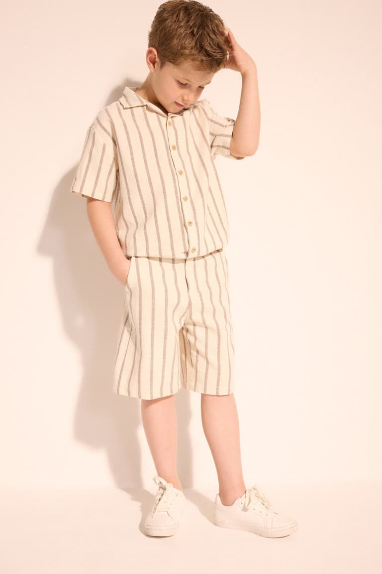 100% Cotton Regular Fit Apaş Collar Striped Short Sleeve Shirt for Boys