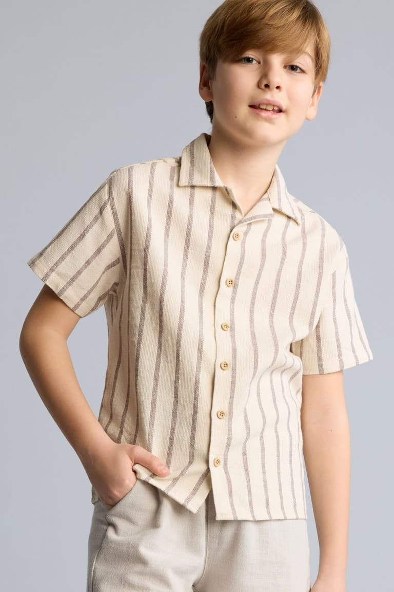 100% Cotton Regular Fit Apaş Collar Striped Short Sleeve Shirt for Boys