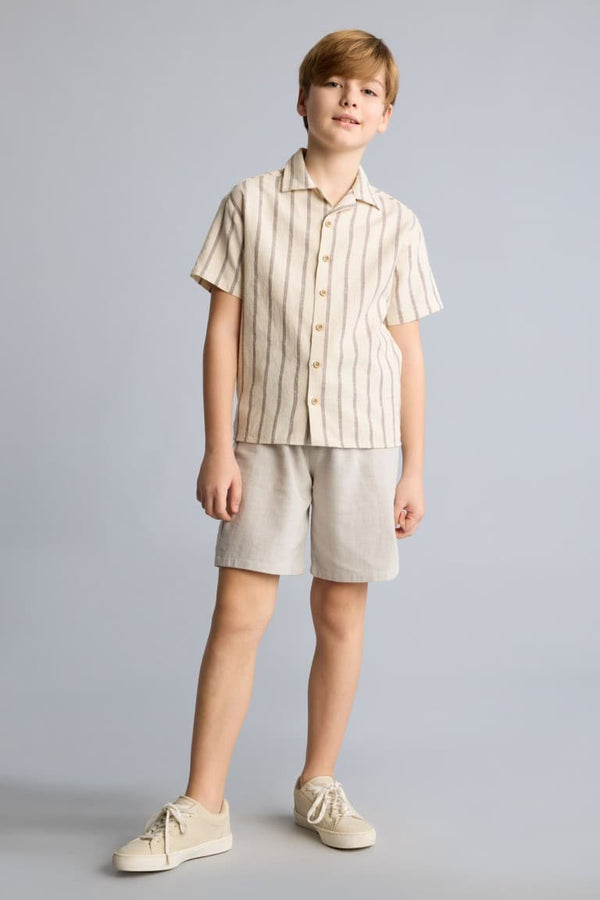 100% Cotton Regular Fit Apaş Collar Striped Short Sleeve Shirt for Boys