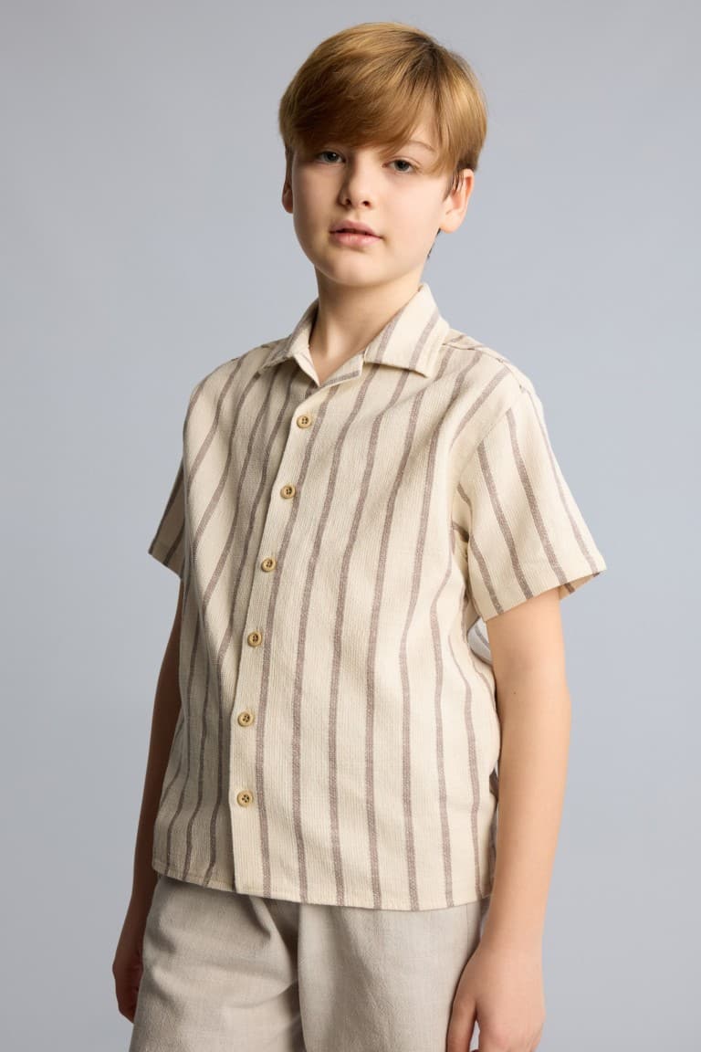 100% Cotton Regular Fit Apaş Collar Striped Short Sleeve Shirt for Boys