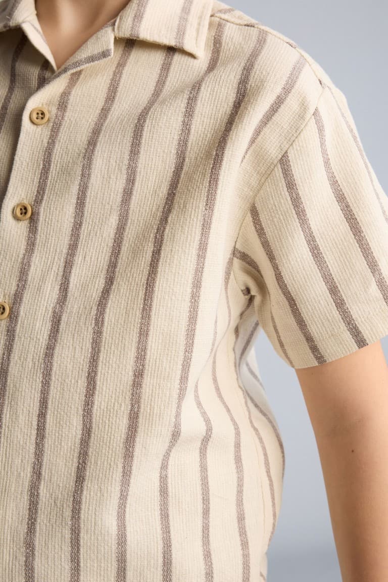 100% Cotton Regular Fit Apaş Collar Striped Short Sleeve Shirt for Boys