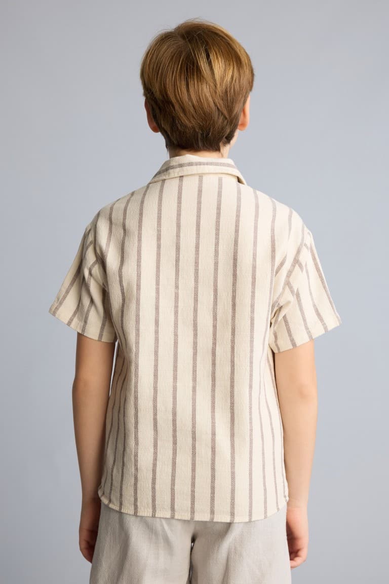 100% Cotton Regular Fit Apaş Collar Striped Short Sleeve Shirt for Boys