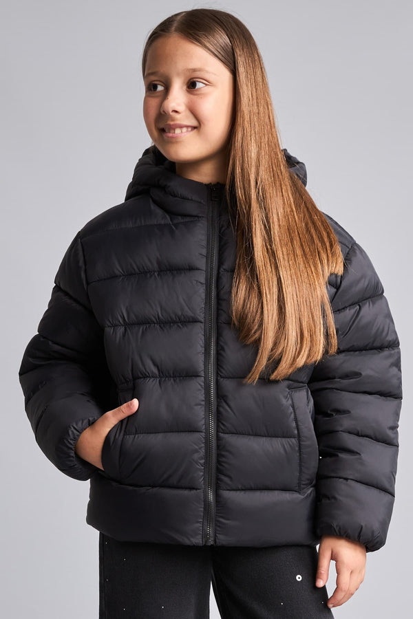 Water Repellent Zipper Pocketed Puffer Hooded Jacket Girls