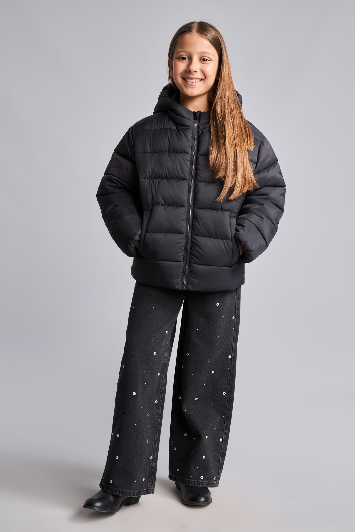 Water Repellent Zipper Pocketed Puffer Hooded Jacket Girls Secondary image