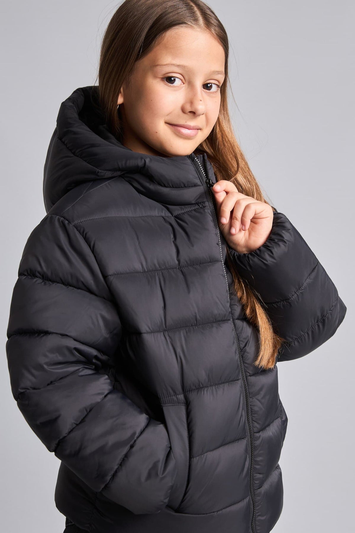 Water Repellent Zipper Pocketed Puffer Hooded Jacket Girls