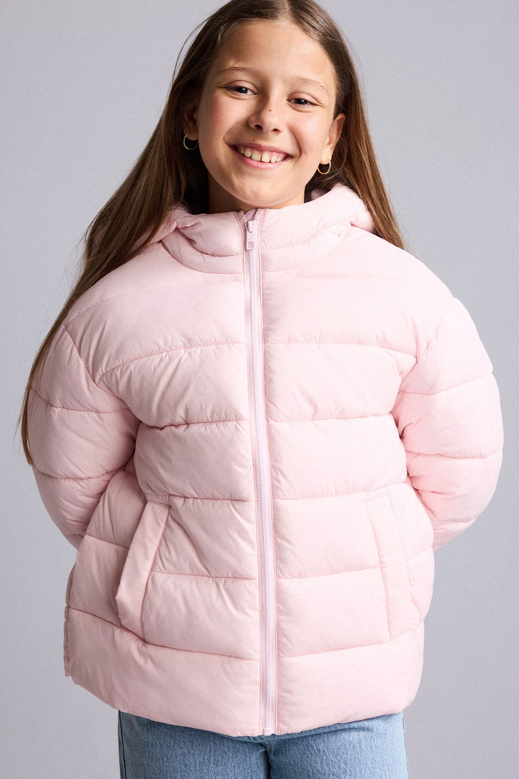 Water Repellent Zipper Pocketed Puffer Hooded Jacket Girls