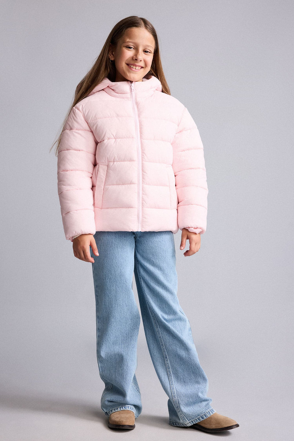 Water Repellent Zipper Pocketed Puffer Hooded Jacket Girls