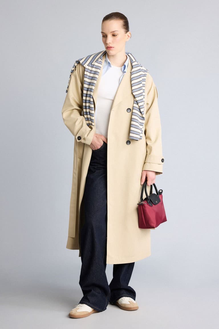 Water Repellent Relax Double Breasted Collar Pocketed Belted Midi Trench Coat Main image