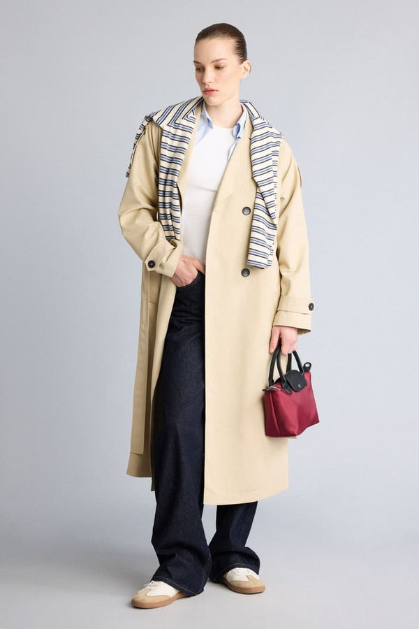 Water Repellent Relax Double Breasted Collar Pocketed Belted Midi Trench Coat