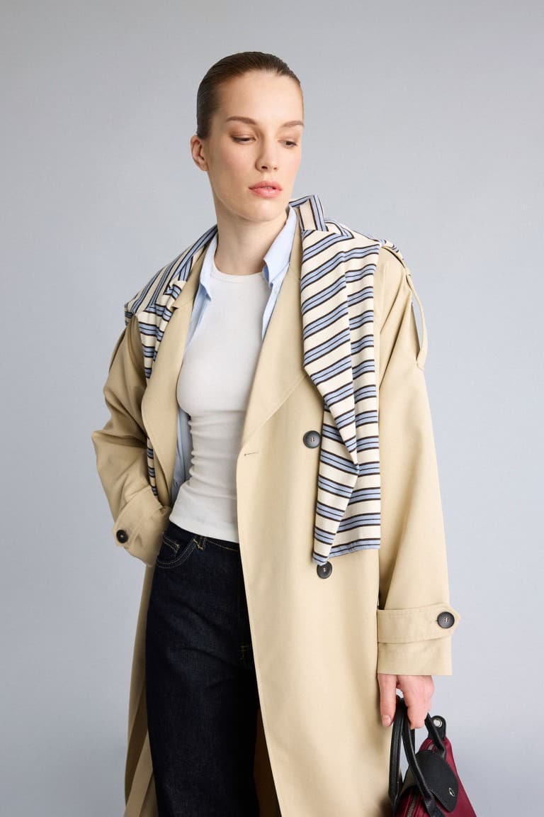 Water Repellent Relax Double Breasted Collar Pocketed Belted Midi Trench Coat