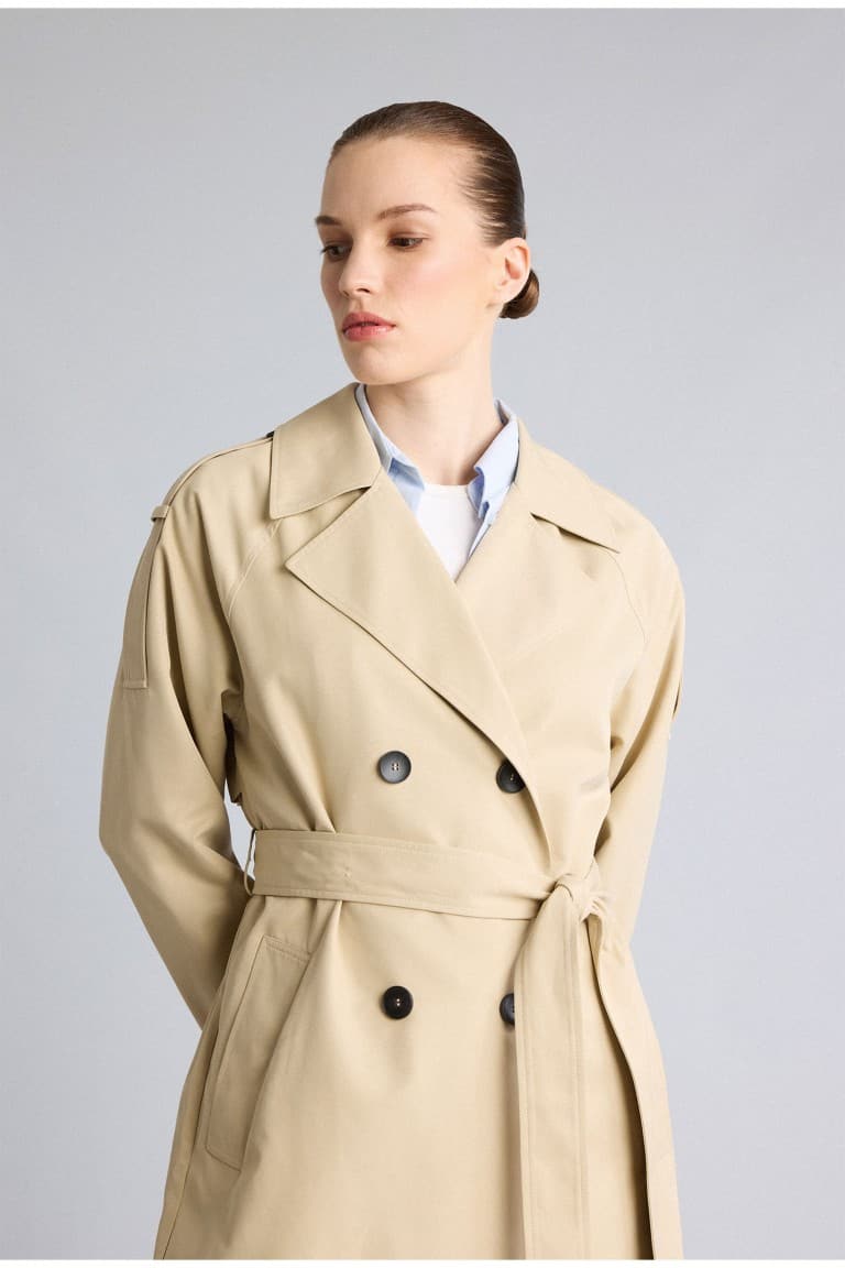 Water Repellent Relax Double Breasted Collar Pocketed Belted Midi Trench Coat