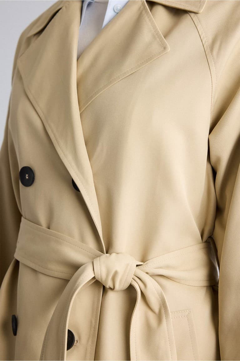 Water Repellent Relax Double Breasted Collar Pocketed Belted Midi Trench Coat