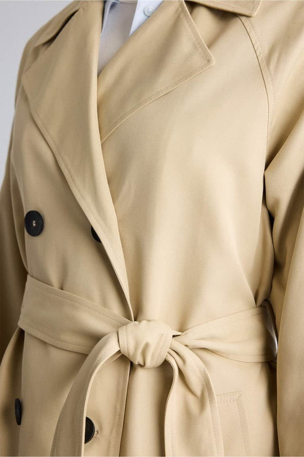 Water Repellent Relax Double Breasted Collar Pocketed Belted Midi Trench Coat