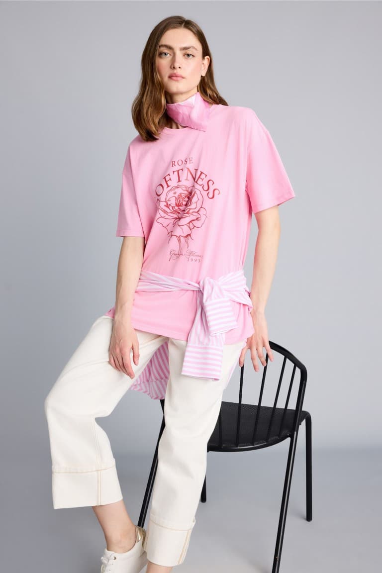 Overless Crew Neck Floral Combed Cotton Short Sleeve T-Shirt