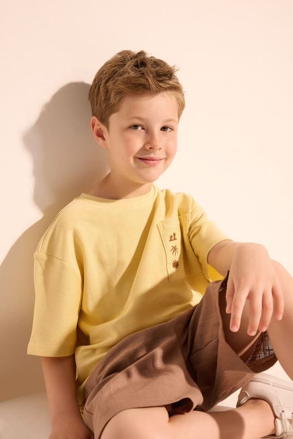 100% Cotton Overless Crew Neck Embroidered Pocket Printed Short Sleeve T-Shirt Boys