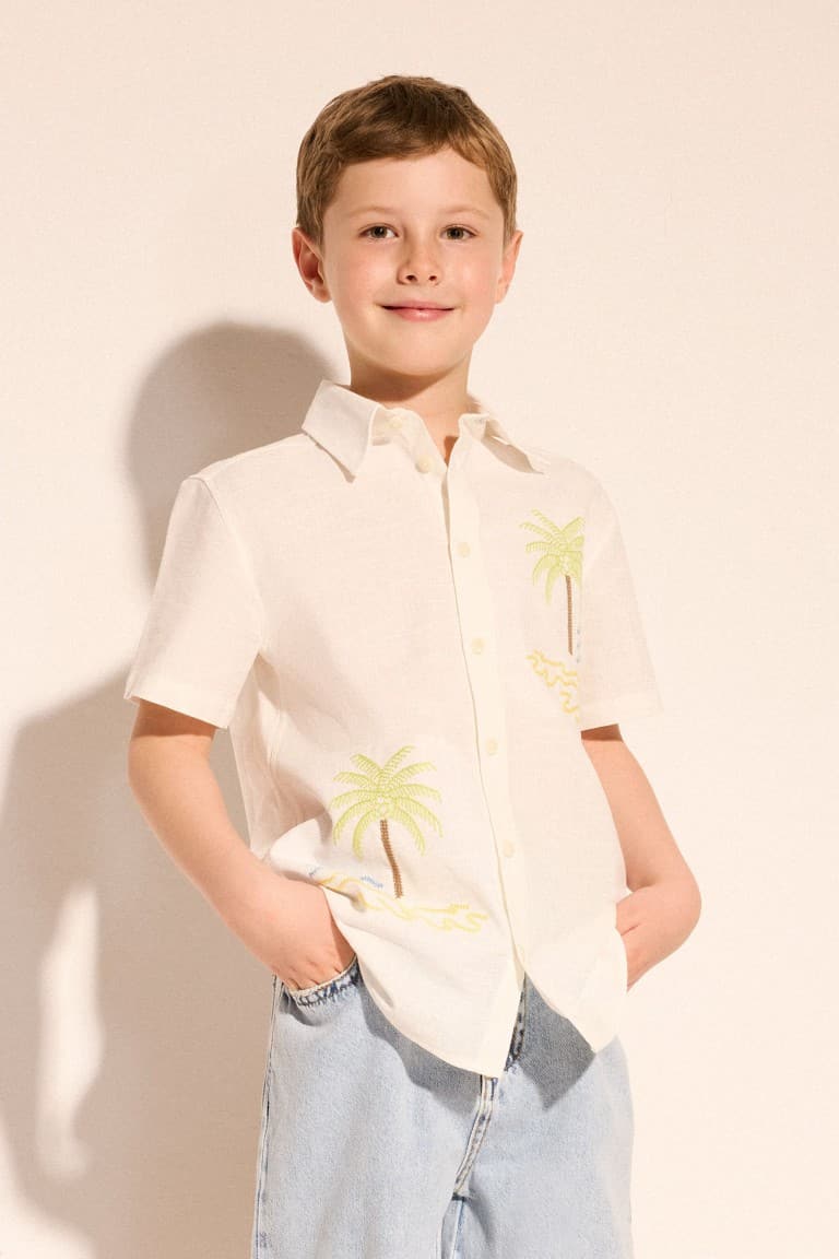 100% Cotton Overless Polo Collar Tropical Patterned Short Sleeve Shirt for Boys