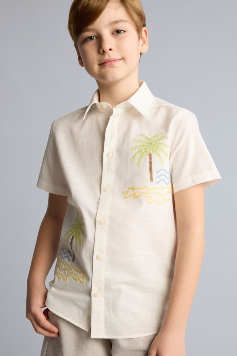 100% Cotton Overless Polo Collar Tropical Patterned Short Sleeve Shirt for Boys