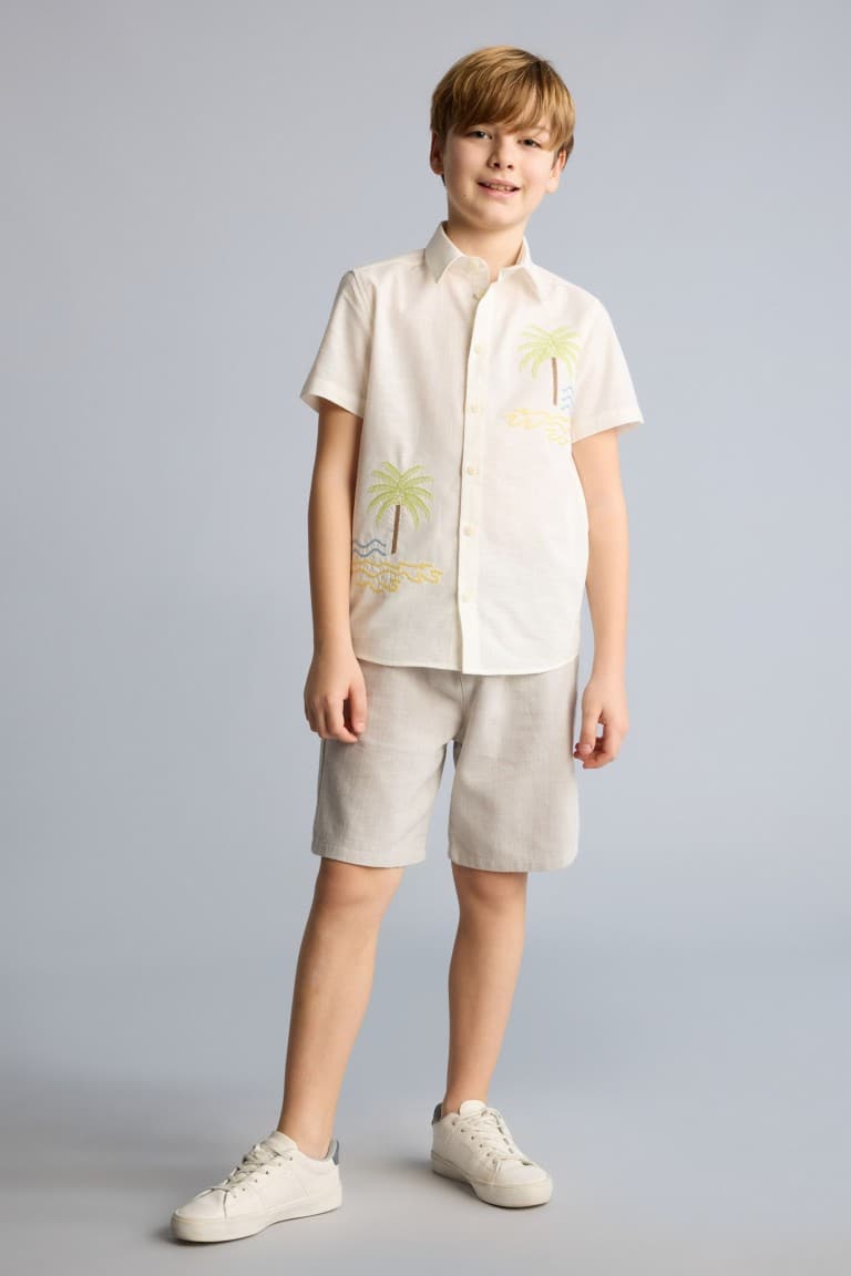 100% Cotton Overless Polo Collar Tropical Patterned Short Sleeve Shirt for Boys
