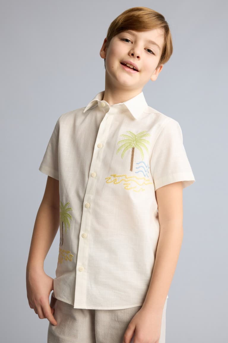 100% Cotton Overless Polo Collar Tropical Patterned Short Sleeve Shirt for Boys
