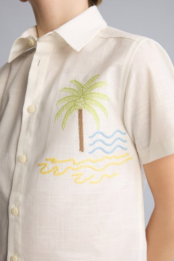 100% Cotton Overless Polo Collar Tropical Patterned Short Sleeve Shirt for Boys