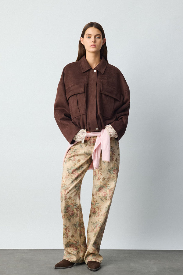 Balloon Fit Jacket Collar Zipper Snap Closure Jacket Coat