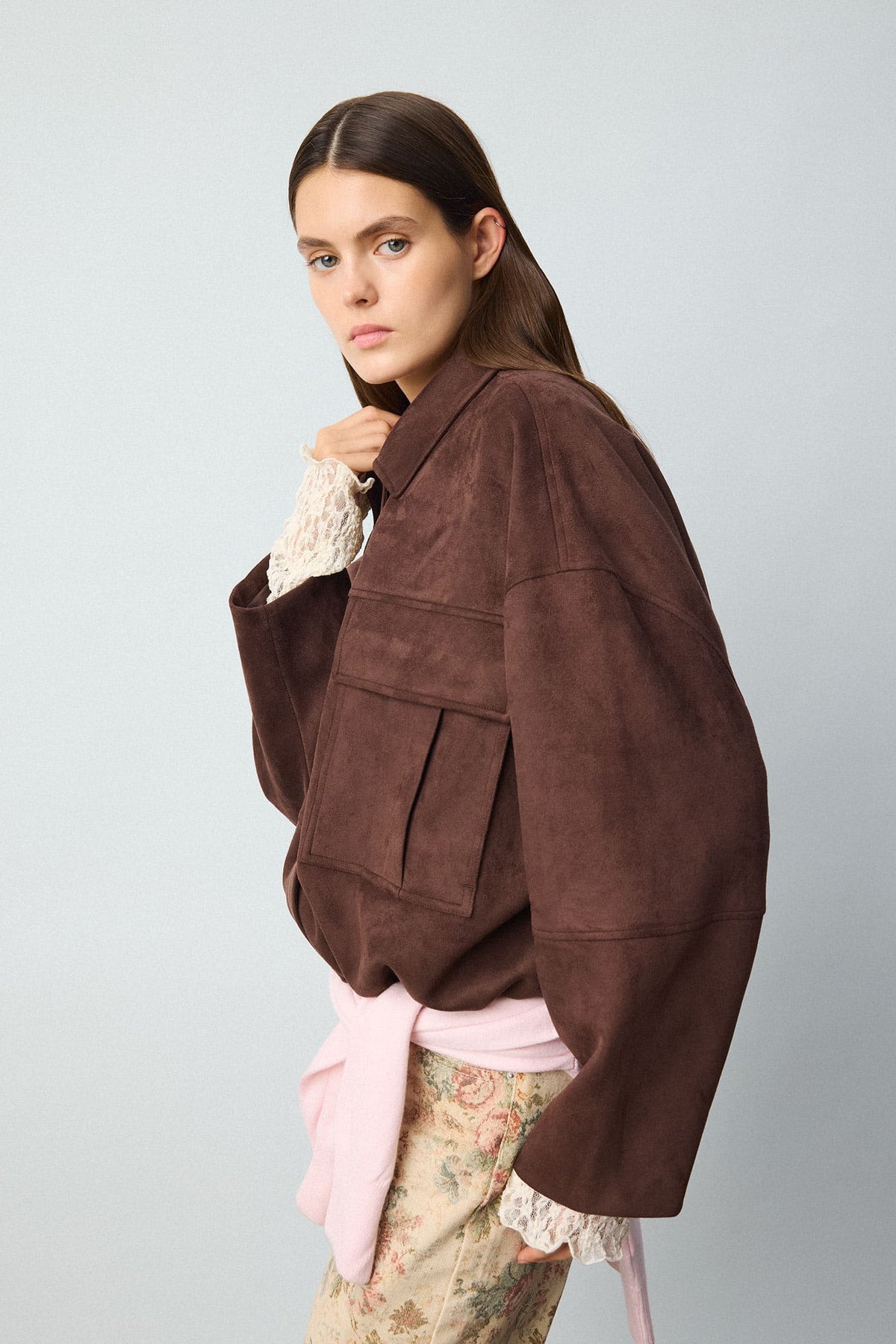 Balloon Fit Jacket Collar Zipper Snap Closure Jacket Coat