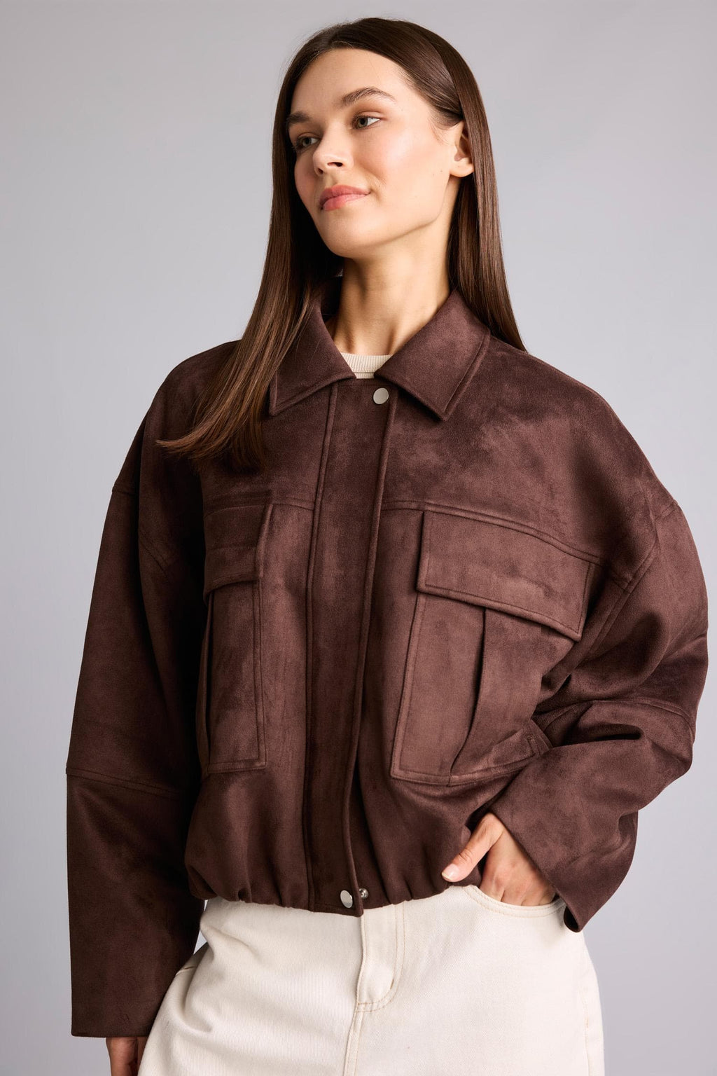 Balloon Fit Jacket Collar Zipper Snap Closure Jacket Coat