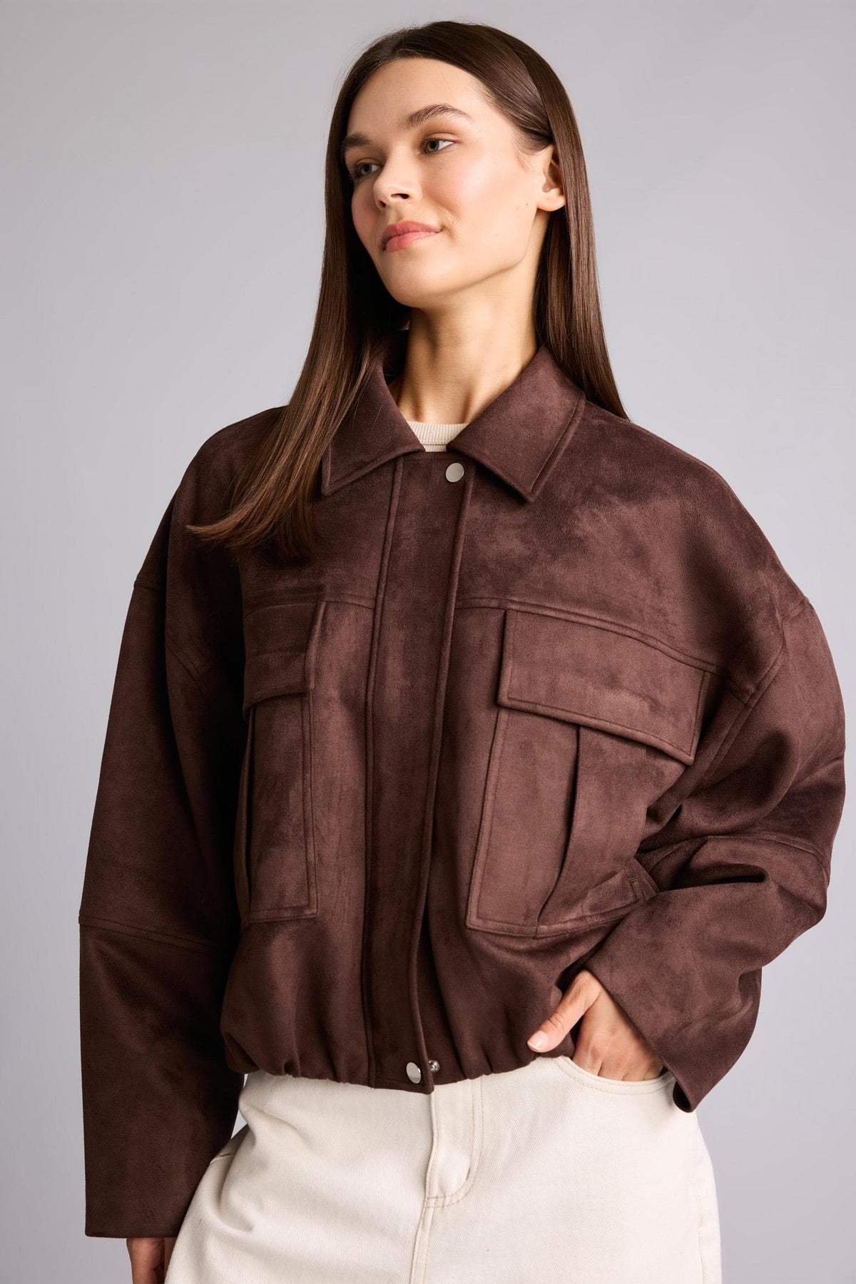 Balloon Fit Jacket Collar Zipper Snap Closure Jacket Coat